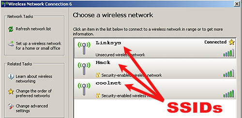 SSIDs in Windows wireless network configuration panel