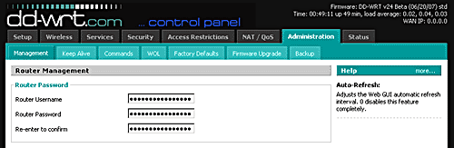 DD-WRT user name and password menu