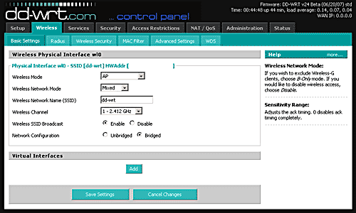 DD-WRT SSID and channel setting menu