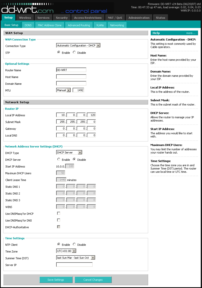 DD-WRT setup tab settings